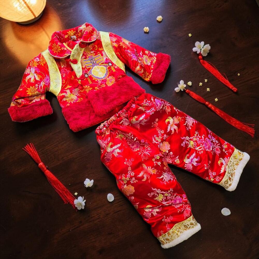 Toddler Chinese New Year Red Brocade Faux Fur 2 Pc Outfit Jacket Pants